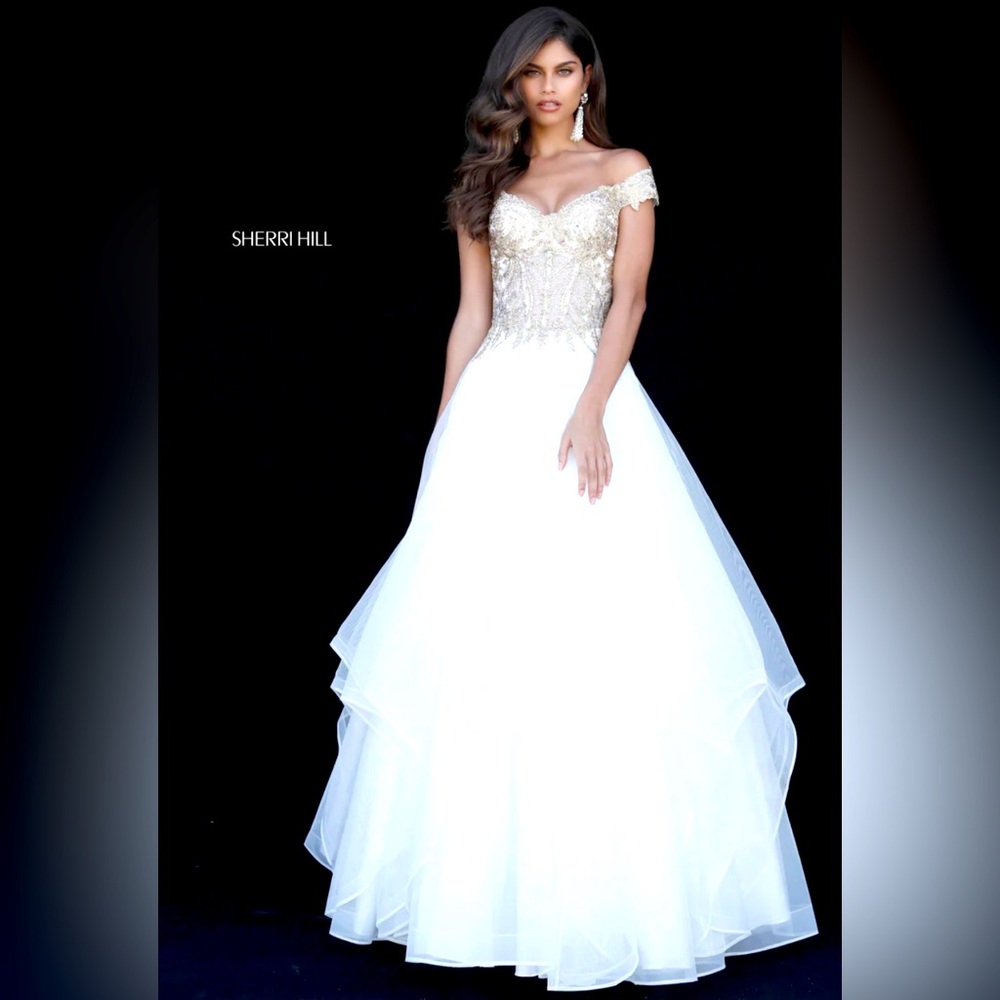 Sherri Hill 51614 Lace Appliqued Corset Tiered A Line Dress White& Gold(L sz16)